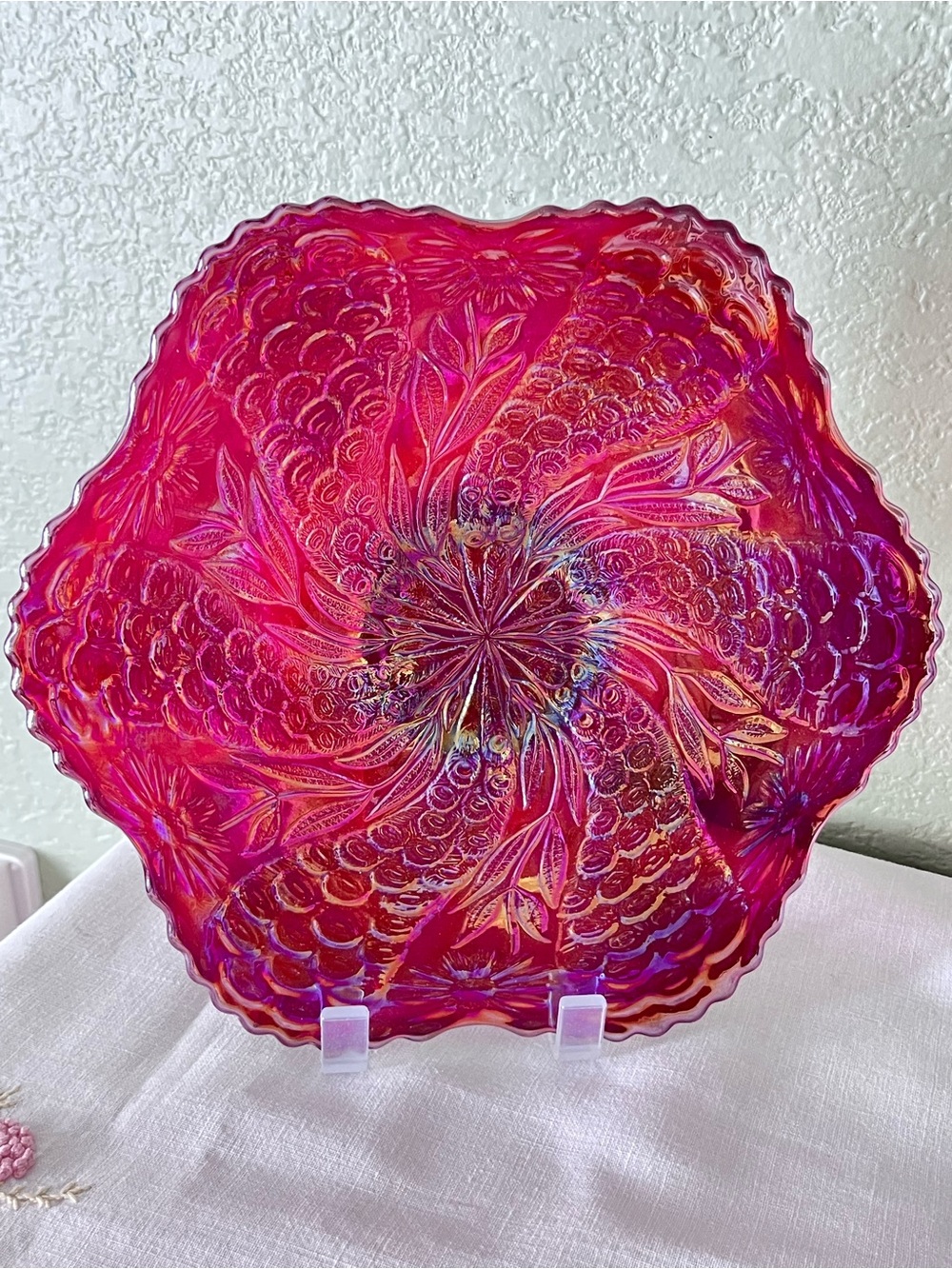 Vintage Westmoreland Ruby Carnival Glass Footed Platter – “Good Luck” Signed 9”